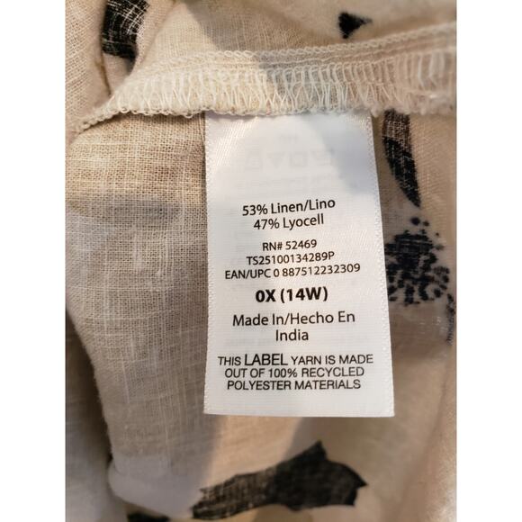 Terra and Sky Tan Black Floral Linen Blend Peasant Blouse Ruffle 0X 14W - Picture 4 of 7